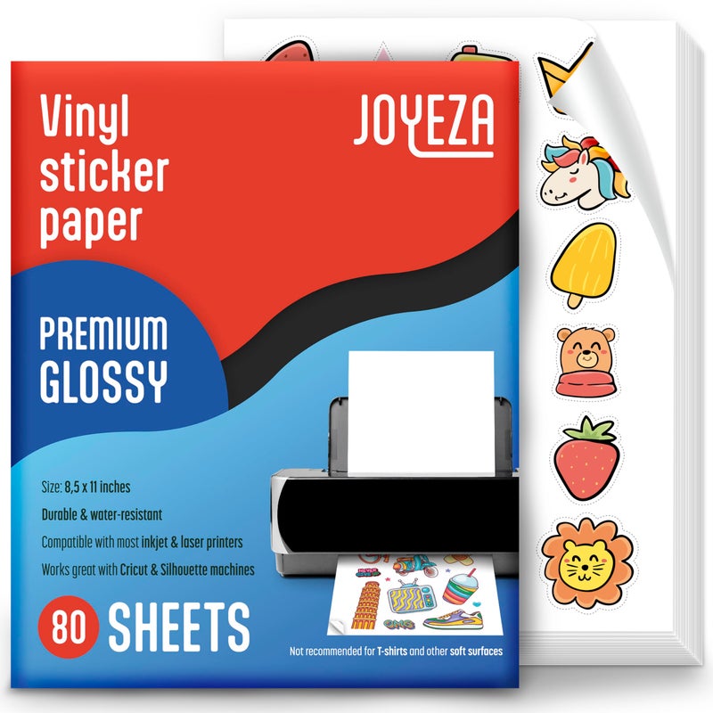 JOYEZA Premium Printable Vinyl Sticker Paper for Inkjet Printer - 80 Sheets Glossy White Waterproof, Dries Quickly Vivid Colors, Holds Ink well - Inkjet & Laser Printer - Image 1